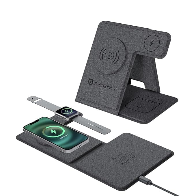 Portronics Freedom Fold 3 15W 3 in 1 Foldable MagSafe Compatible Wireless Charger for iPhone 12 &amp;amp; above Series, Apple Watches &amp;amp; AirPods with Premium PU Leather, 1M 