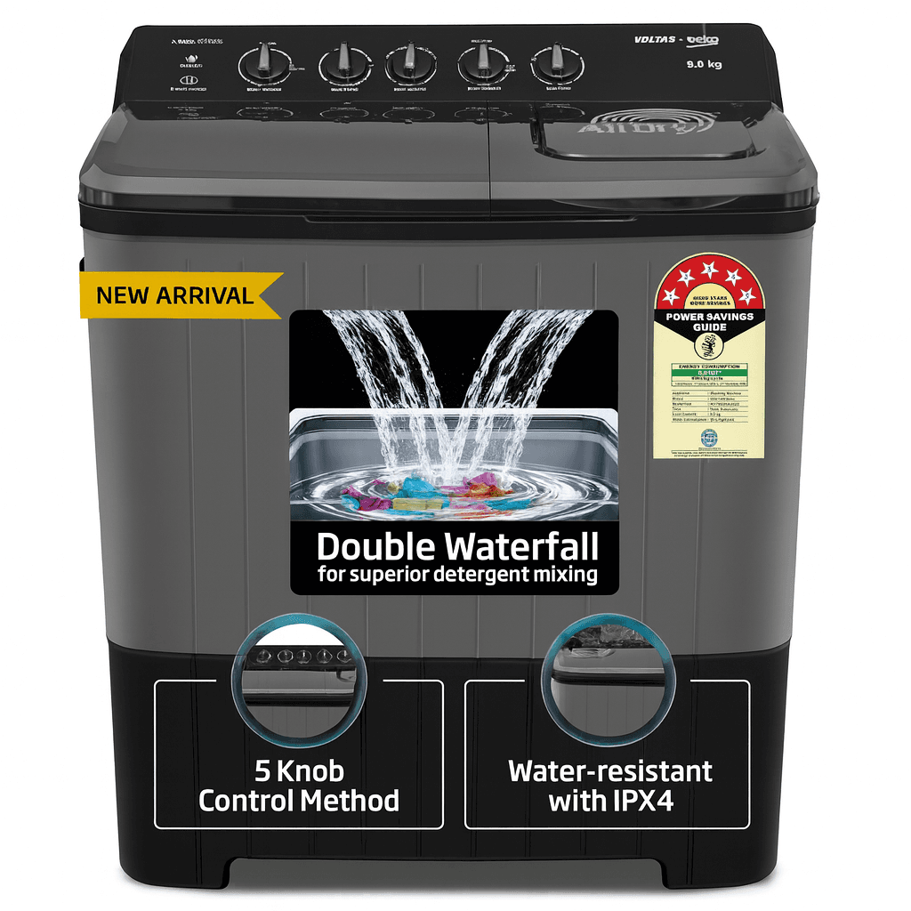 Voltas Beko A Tata Product 9 Kg 5 Star Semi Automatic Top Loading Washing Machine WTT90UHA/OK5B1B1S23
