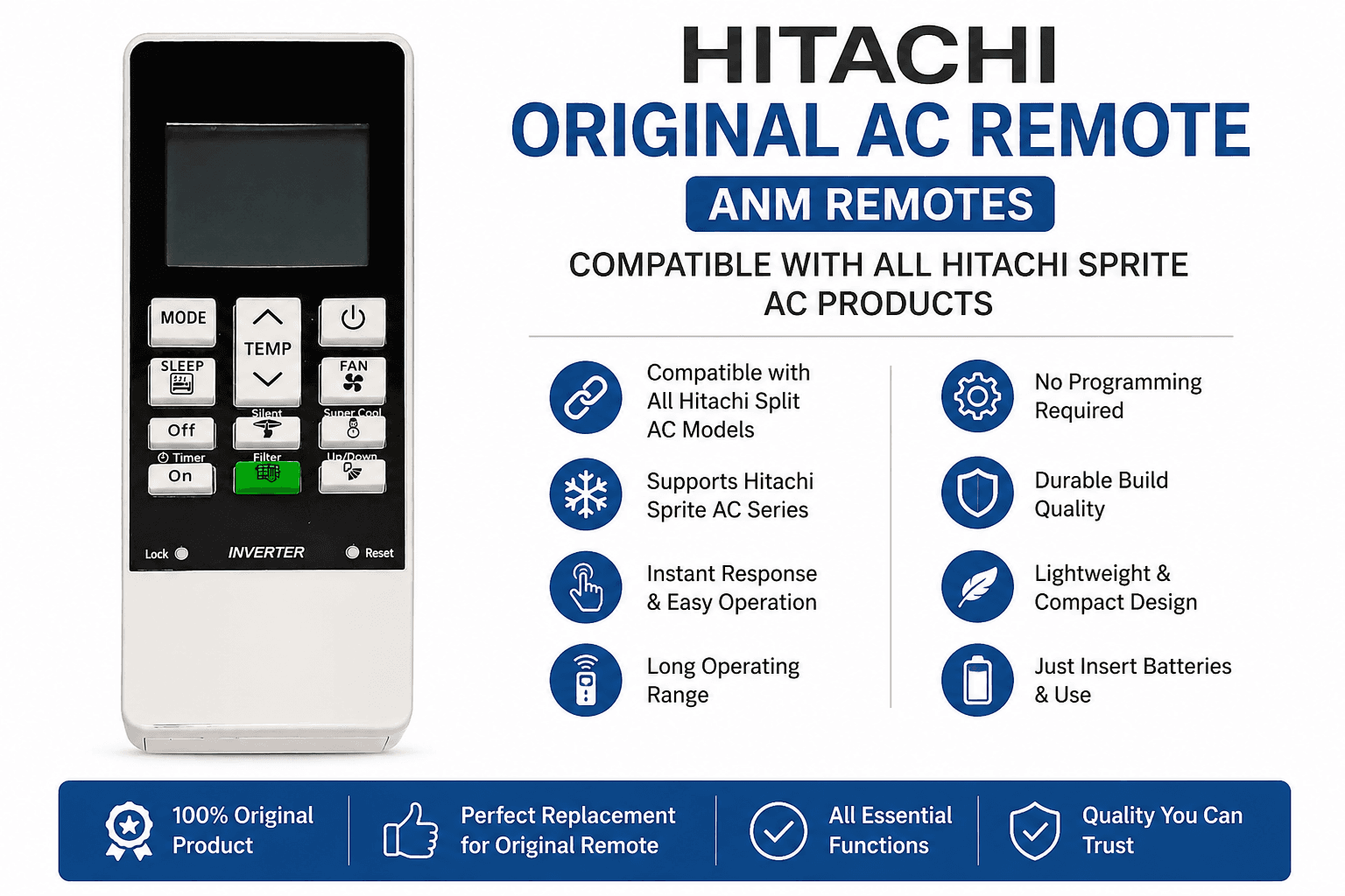 Hitachi Original AC Remote – ANM Remote Compatible with All Hitachi Split Air Conditioners